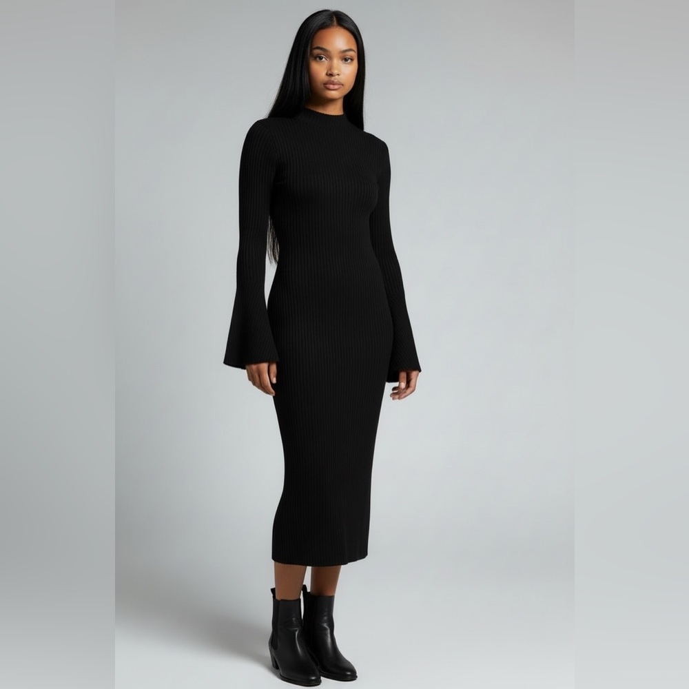 Elegant Black Ribbed Knit Dress